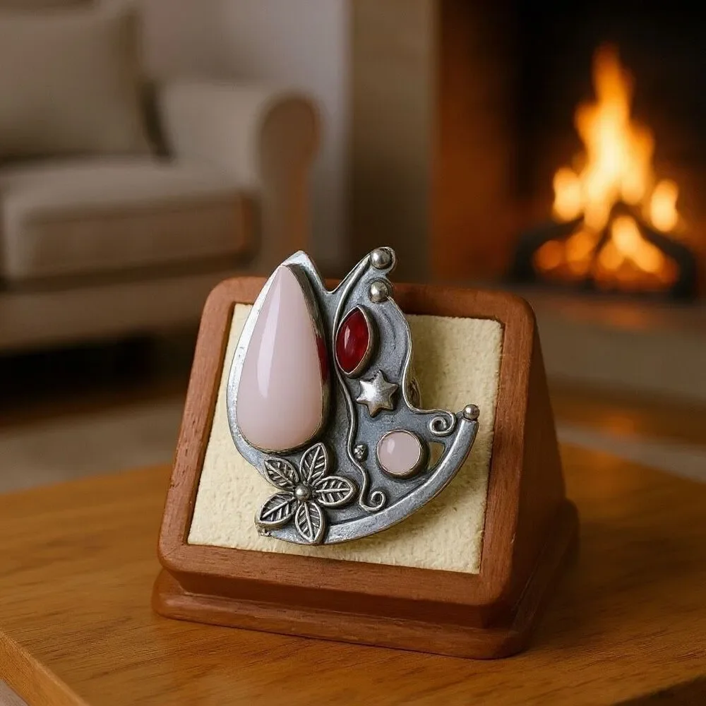 Boho Bloom Ring – Rose Quartz & Garnet Floral Statement Size 8 New *